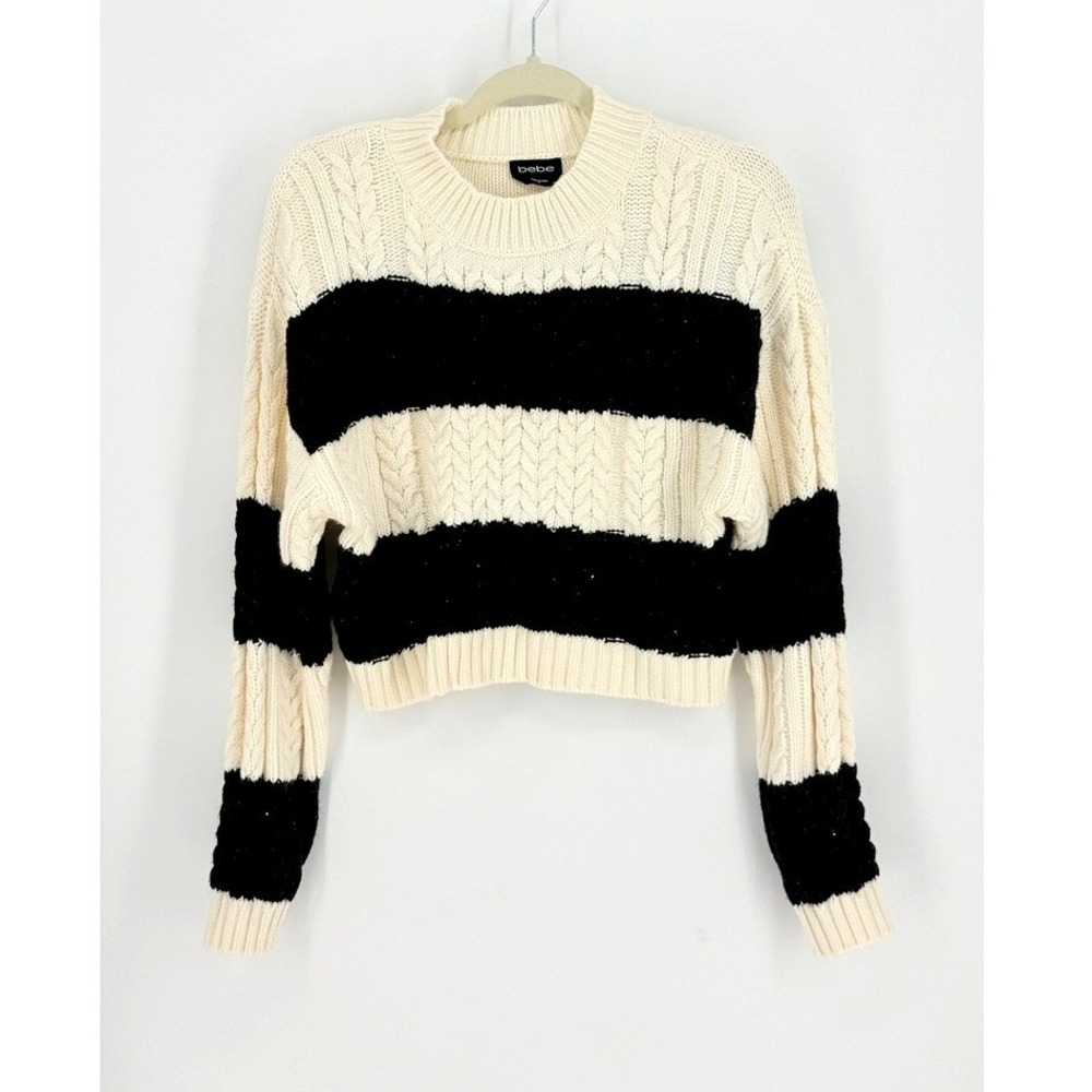 Bebe Women Y2K Oversized Cable Knit Striped Cropped Sweater Size M Dark Academia